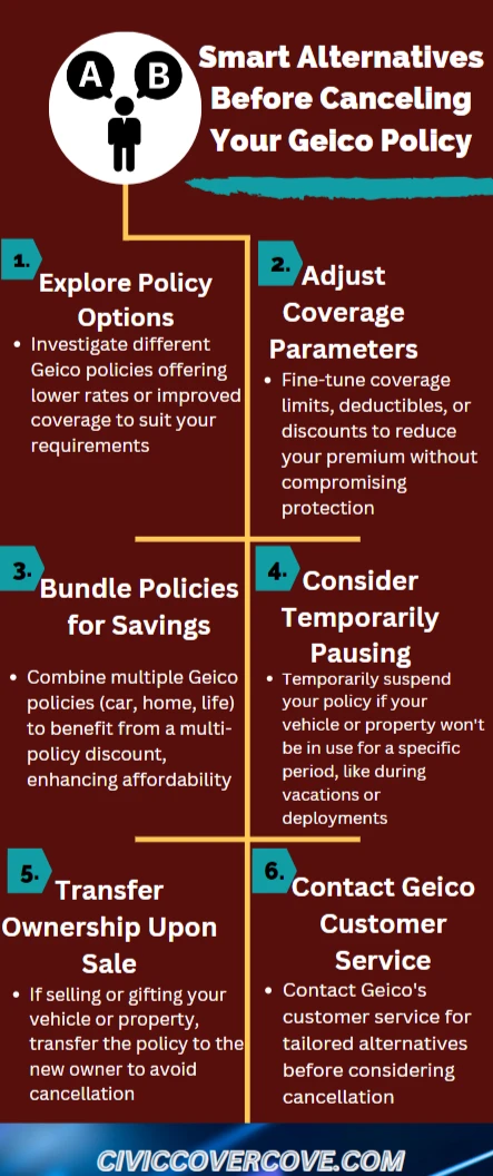 An infographic of alternatives of GEICO policy cancellation